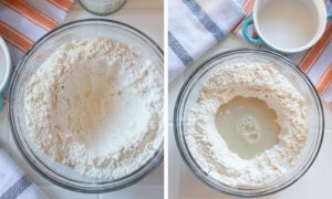 mixing flour mixture and milk together in a bowl